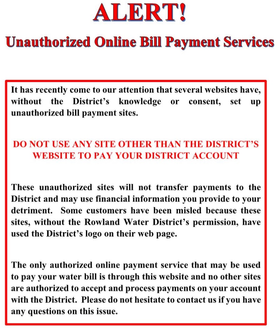 ALERT - UNAUTHORIZED ONLINE BILL PAYMENT SERVICES